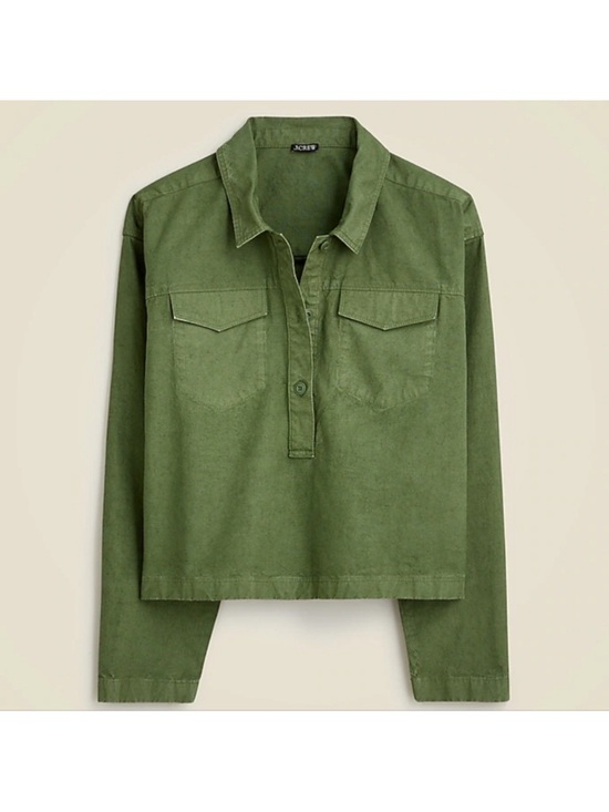 J. Crew Tops - J.Crew Popover Cropped Shirt Sz M Cotton Linen Blend Green Denim Utility Boxy